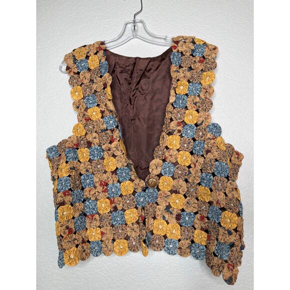 Handmade Jackets & Blazers - Handmade Yo-Yo Quilt Vest Multicolor Patchwork One Button Satin Back Adj Tie